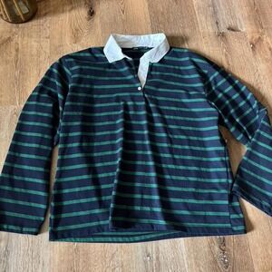 Zara Rugby Polo Green and Navy Blue Striped Long‎ Sleeve Shirt Size S